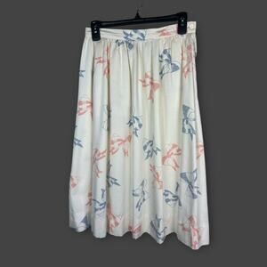 Vintage white soft‎ rayon knee length skirt novelty pink blue bow print 6 Small